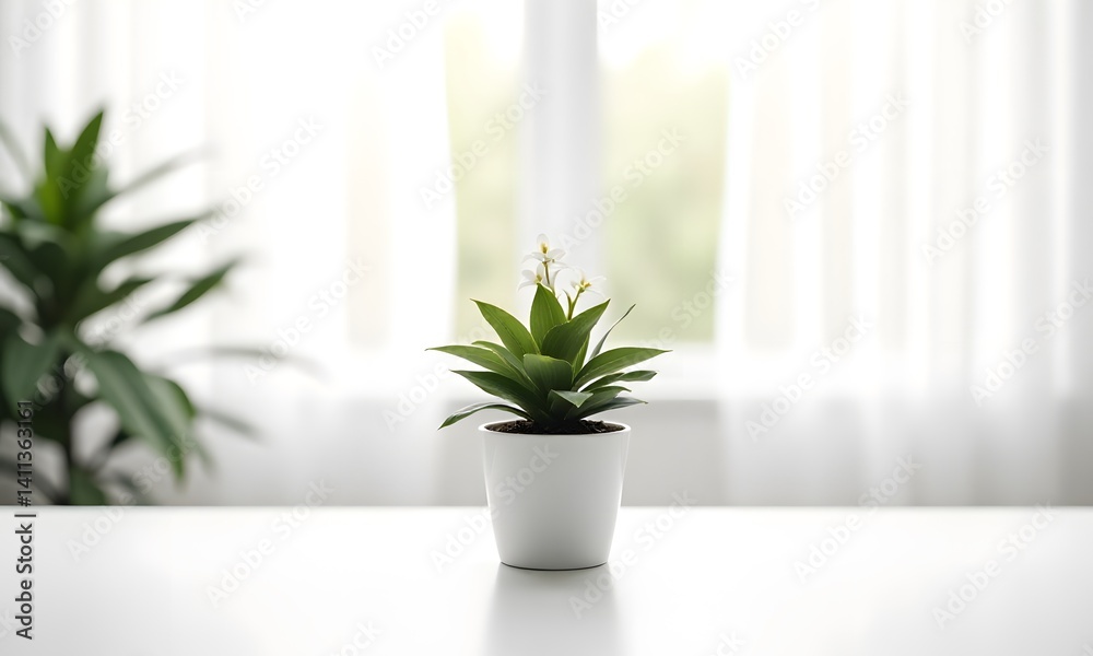 A white potted plant on top of table with plants in background. A white potted plant on top of table with plants in background.