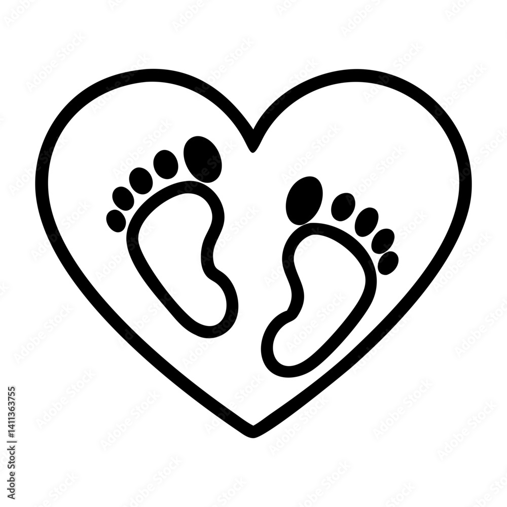 Minimalistic baby footprint icon inside a heart symbolizing love, care, and innocence