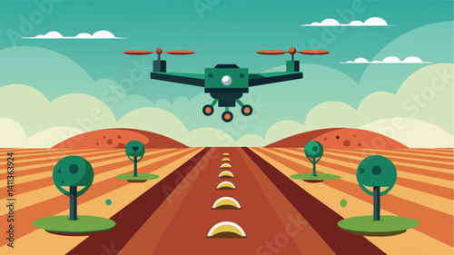 Autonomous tilling drones fly over the fields using precise navigation and computerized controls to till the soil with minimal human intervention.. Vector illustration