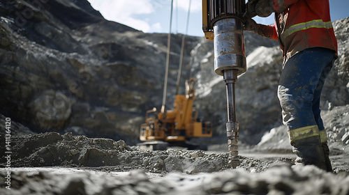Mining worker operating a large drill machine to extract minerals from a mining pit. Featuring precision and machinery