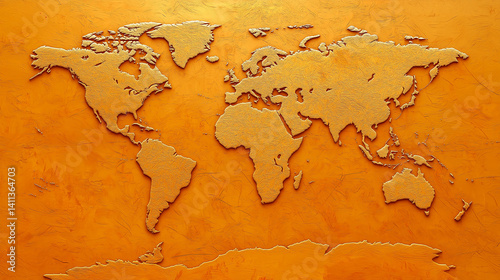 Embossed World Map: An intricately embossed world map takes center stage against a rich, copper-toned background, a captivating representation of global interconnectedness and boundless possibilities.