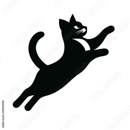 cat catch frisbee energetic logotype silhouette black color white background vector