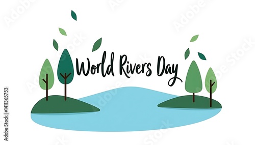 World Rivers Day, tranquil water scene, stylized trees and grass, flying birds silhouettes, teal and white color palette, Minimalist illustration, 