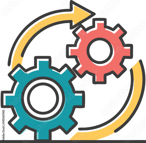 Cycle Gears Arrow Outline Process System, Turquoise and Red Gears, White Background