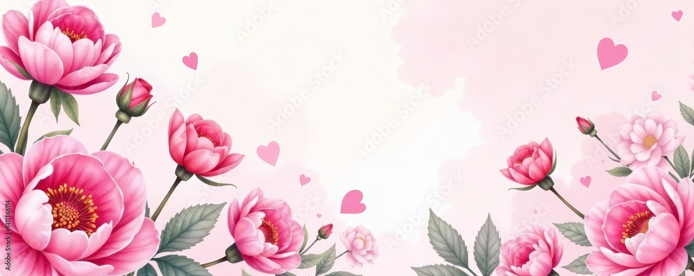 Delicate seamless watercolor design featuring summer peonies and roses in shades of pink, delicate, summer Delicate seamless watercolor design featuring summer peonies and roses in shades of pink, delicate, summer