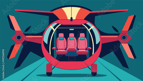 The interior is equipped with noisecancelling technology ensuring a peaceful and quiet ride even with the powerful engines of the eVTOL.. Vector illustration