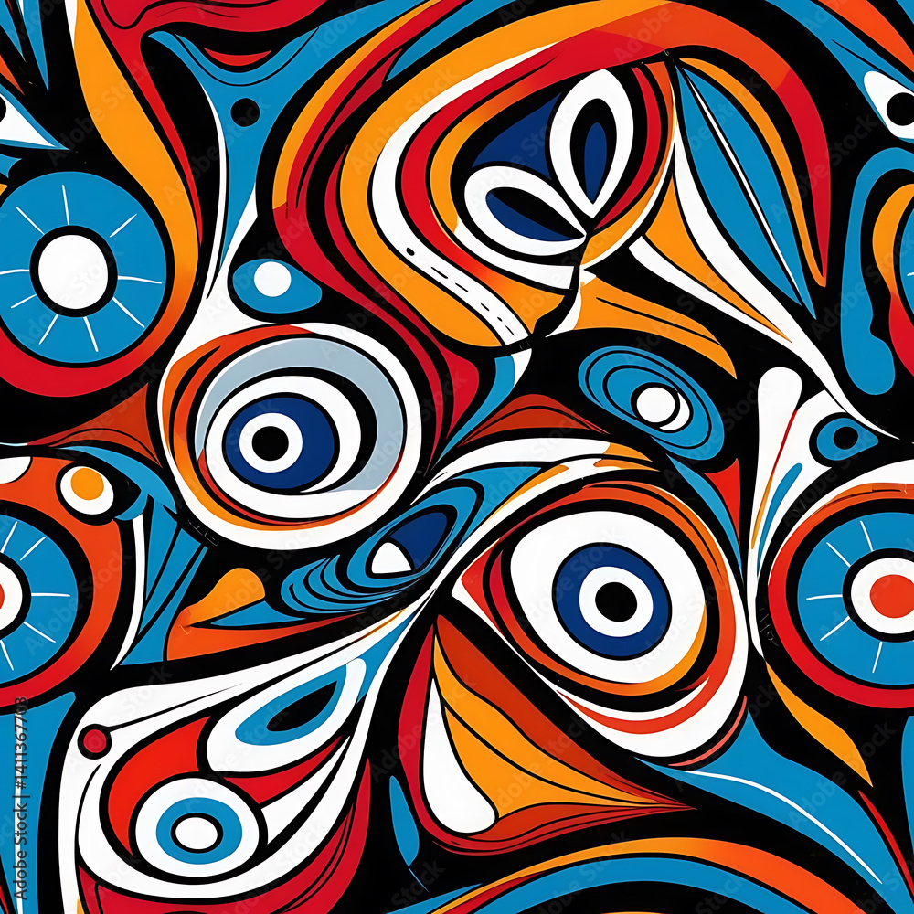 Fototapeta premium Vibrant Abstract Art Print featuring swirling shapes and bold colors red orange blue white black design artwork