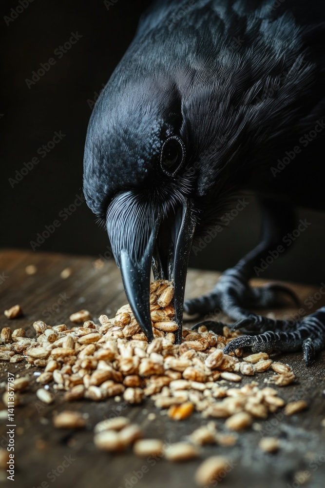 Fototapeta premium Black bird eating peanuts