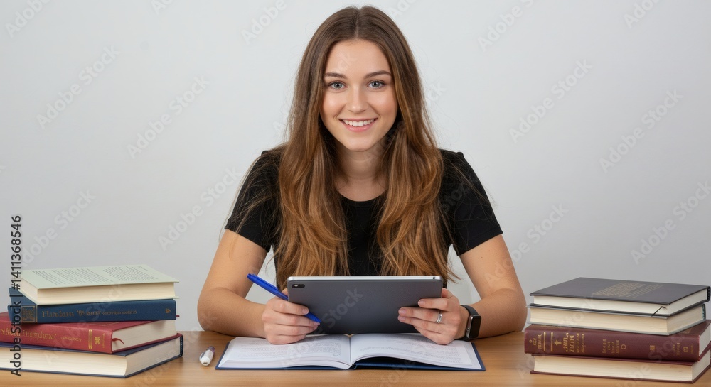 Young Woman Studying Using Tablet with Books and Notebooks at Desk Young Woman Studying Using Tablet with Books and Notebooks at Desk