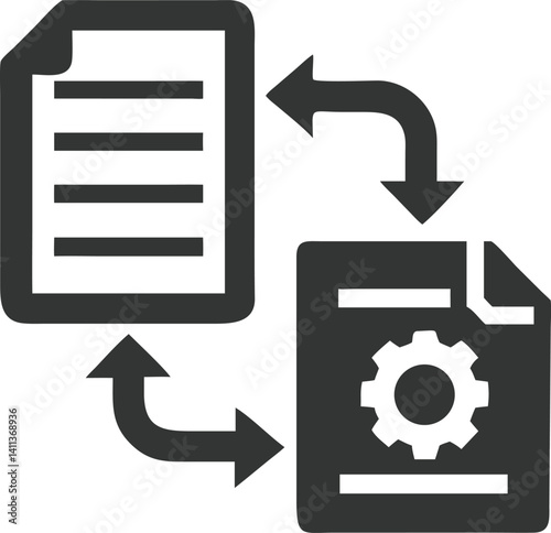 Data Conversion with Arrows and Gear Symbol on White Background