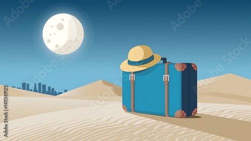 Desert landscape, full moon, sand dunes, blue suitcase, straw hat, vintage travel, surreal scene, midnight adventure, minimalist composition, whimsical illustration, moonlit night,
