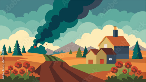 Smoke rises in the distance a sign of a nearby village being attacked. The fear and uncertainty of constant danger causing farmers to abandon their fields and focus on survival. Vector illustration