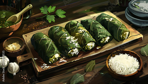 Stuffed grape leaves with rice and meat on a wooden board, surrounded by ingredients for cooking in a dark wood background.