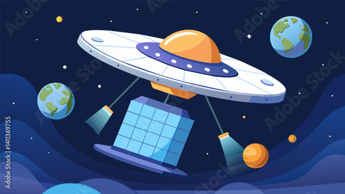 A spacecraft equipped with advanced data storage and transmission technology capable of sending back vast amounts of information to Earth.. Vector illustration