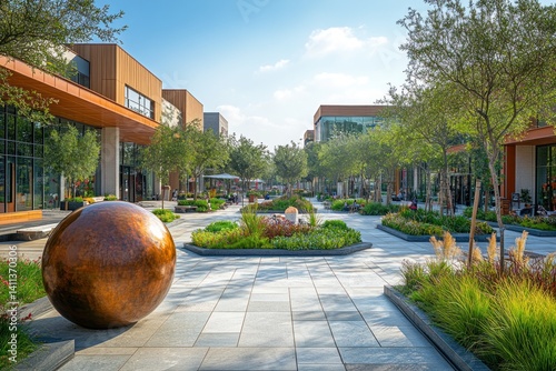 Urban oasis, modern plaza with shops
