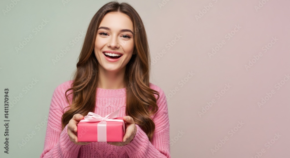 Smiling Woman Presents Pink Gift Box with Ribbon Perfect Celebration Surprise Smiling Woman Presents Pink Gift Box with Ribbon Perfect Celebration Surprise