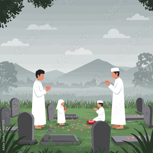 Family Visiting Graveyard Throwing Flower Petals Illustration