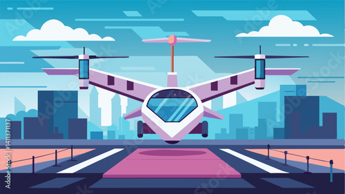 As it prepares for takeoff the eVTOL at the futuristic airport tilts its engines downwards ready for its vertical ascent into the sky towards its next destination.. Vector illustration