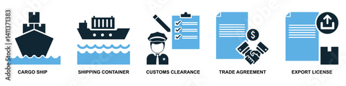 Set of export import icon vector for global trade, market flow, and business tools. Perfect for commerce design, economic operations, and financial illustration.