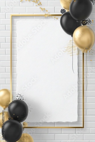 Elegant Gold and Black Balloons with Blank White Paper Frame