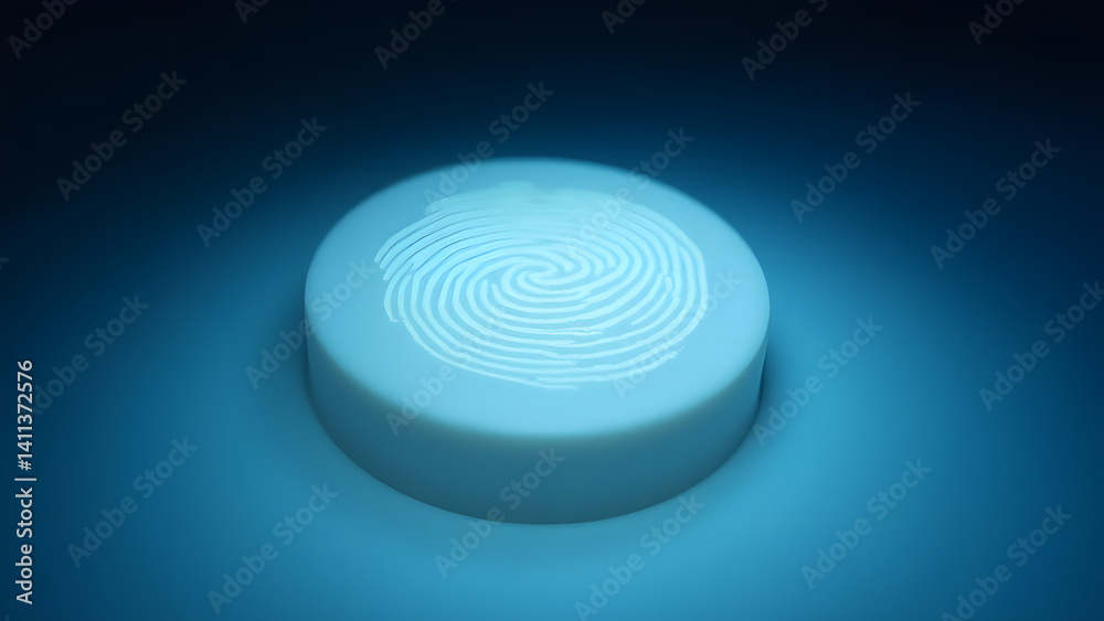 Fototapeta premium A UV light reveals a fingerprint on a pristine white die. Lab setting contrasts purity with human trace. Forensic detail.