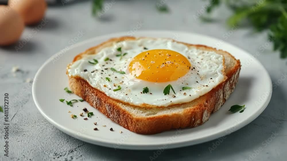 Fried egg on toast garnished with herbs, perfect for a hearty breakfast. Fried egg on toast garnished with herbs, perfect for a hearty breakfast.