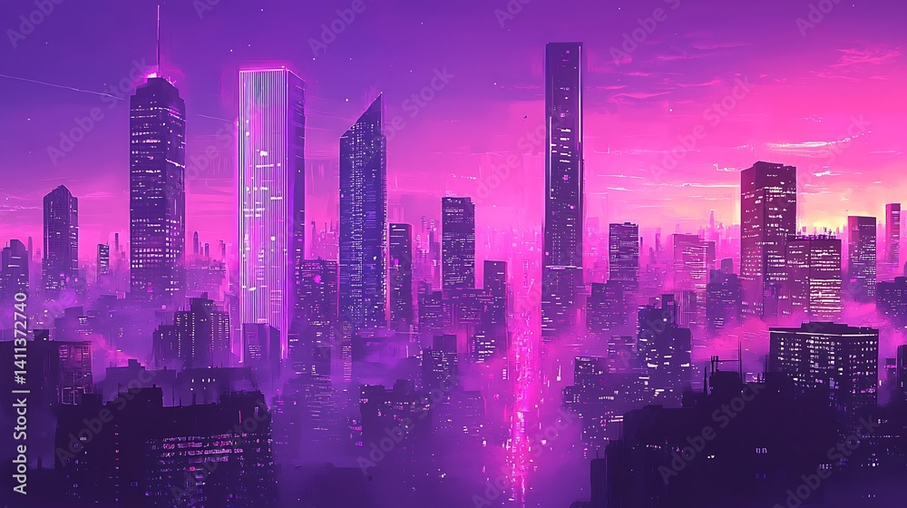Fototapeta premium Futuristic city skyline at sunset, vibrant purple and pink hues, glowing buildings, fog.