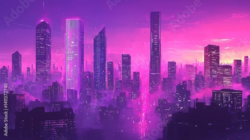 Wallpaper Mural Futuristic city skyline at sunset, vibrant purple and pink hues, glowing buildings, fog. Torontodigital.ca