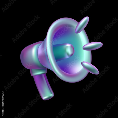 Holographic megaphone vector 3d icon. Abstract metallic iridescent loudspeaker. Y2k gradient design element