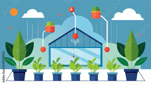 Infrared sensors that detect microclimates within the greenhouse and use AI to adjust climate control systems for specific plant needs.. Vector illustration