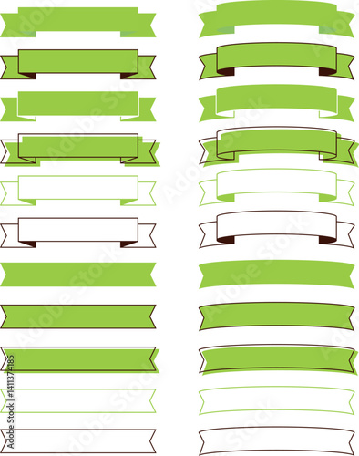 シンプルなリボンフレームセット イラスト 飾り 装飾 枠 あしらい バナー デザイン 黄緑 ライムグリーン