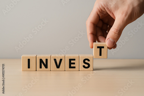 A hand rearranging wooden blocks to spell the word 'INVEST', symbolizing financial growth and investment. Captivating imagery to illustrate the concepts of finance and planning.