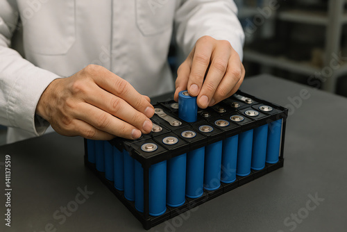 A technician carefully assembles a battery pack, showcasing blue battery cells