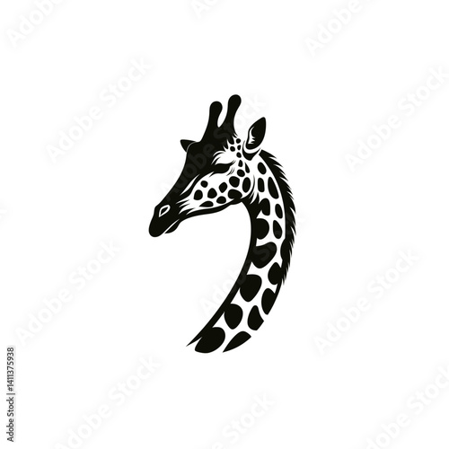 Giraffe head silhouette vector, isolated on white, long neck emphasized