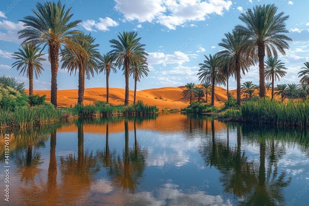 Desert oasis with palm trees reflected in calm water Desert oasis with palm trees reflected in calm water