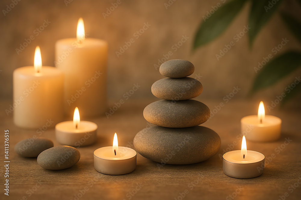 A serene setup featuring stacked stones surrounded by flickering candles, creating a calming atmosphere ideal for relaxation, meditation, and mindfulness practices. A serene setup featuring stacked stones surrounded by flickering candles, creating a calming atmosphere ideal for relaxation, meditation, and mindfulness practices.