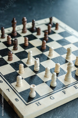 A wooden chessboard with light and dark pieces arranged mid-game, placed on a dark surface. The shot captures strategic tension with a slightly tilted top-down perspective