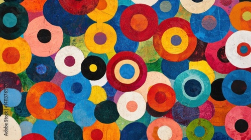 Abstract art painting featuring a myriad of colorful concentric circles and bold patterns, exuding energy and creativity, with warm and cool tones blending effortlessly.

