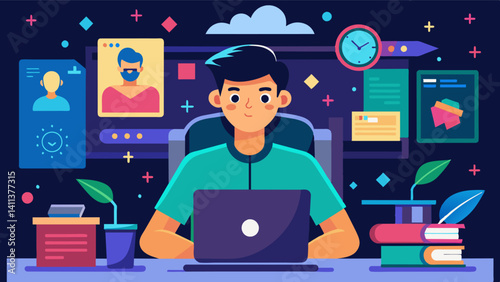 A student attending a hackathon learning new programming languages and techniques in a highpressure fastpaced environment.. Vector illustration
