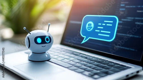 artificial intelligence assistance concept showcased by a small smiling robot placed on a laptop computer communicating via a digital chat interface illuminating the screen