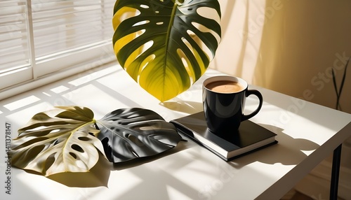 Black book mockup with a cup of coffee on a white table and a monstera plant.