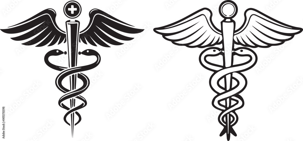 Golden caduceus snake wings medical icon vector Golden caduceus snake wings medical icon vector
