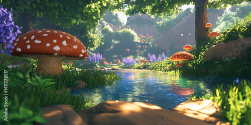 Lush Fantasy Valley with Giant Mushrooms and Alien Landscape Wallpaper for Fantasy Art, Adventure Design, or Nature Concept Projects photo