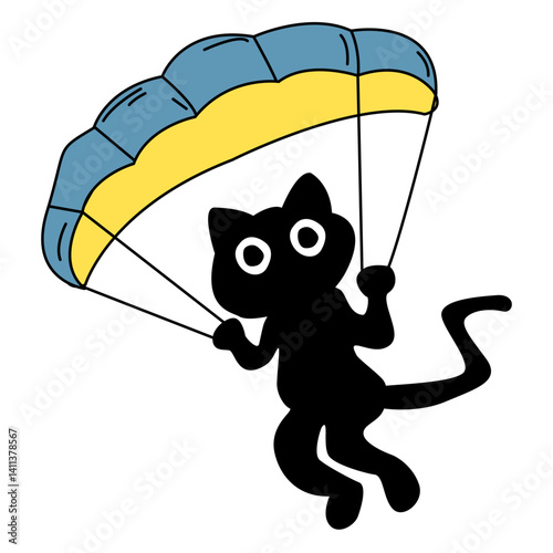 A black cat jumping from parachute.  Extreme Sport Cartoon