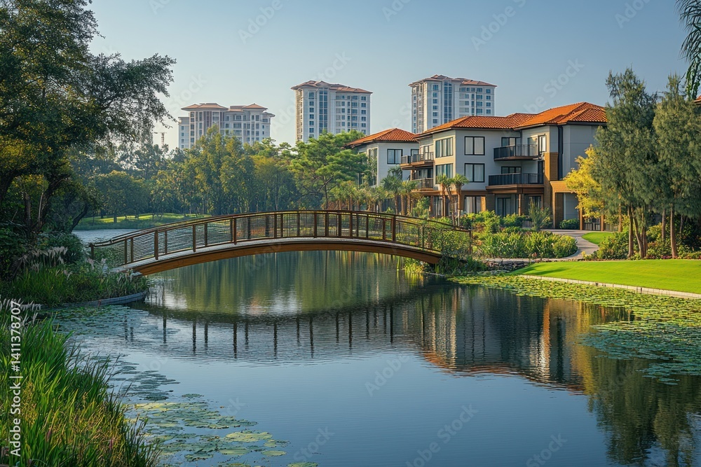 Serene residential community by a tranquil lake. Lush landscaping and modern architecture meet Serene residential community by a tranquil lake. Lush landscaping and modern architecture meet