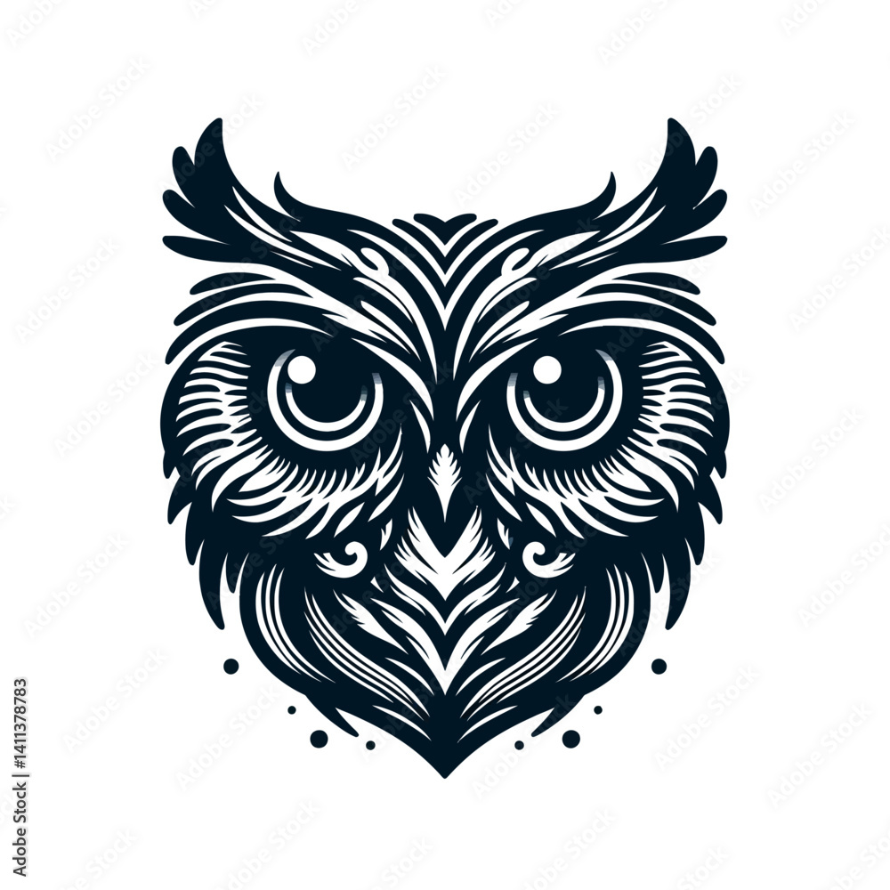 Obraz premium Owl head silhouette vector, white background, mysterious wide-eyed outline