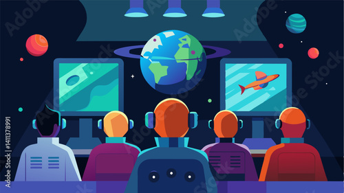 The colonys leaders gathered in the control room watching a live feed of the eVTOLs collecting data from the planets surface for future research.. Vector illustration