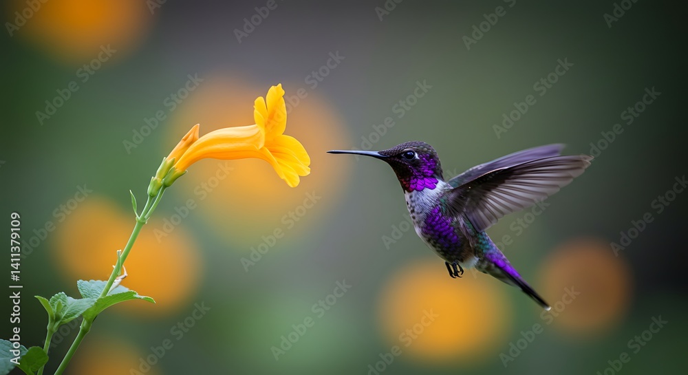 Fototapeta premium Hummingbird and Yellow Flower: A Serene Nature Photography