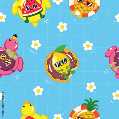Cute tropical fruit character swim on a pool seamless pattern