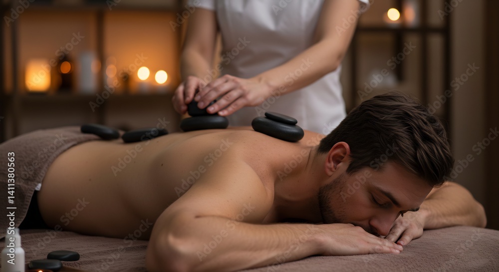 Fototapeta premium Serene Man Receiving a Relaxing Hot Stone Massage at a Luxurious Spa
